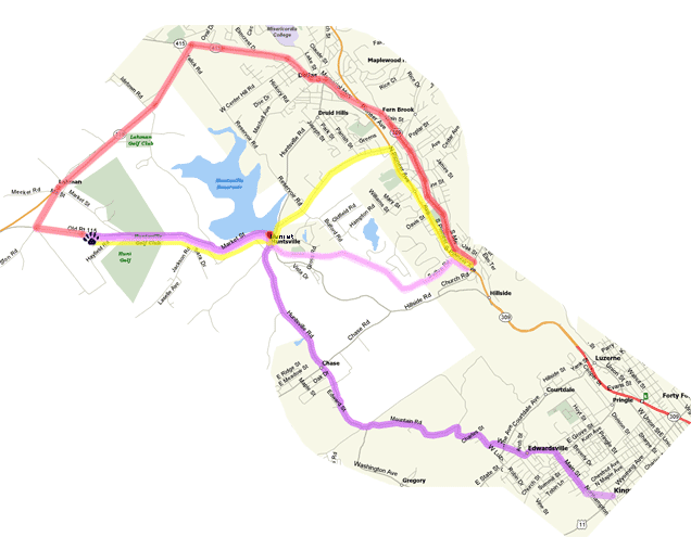map of local Lehman area with four differently colored routes marked as described in the four alternate-route descriptions