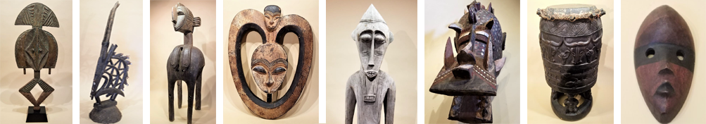 various items of African art on display in the gallery