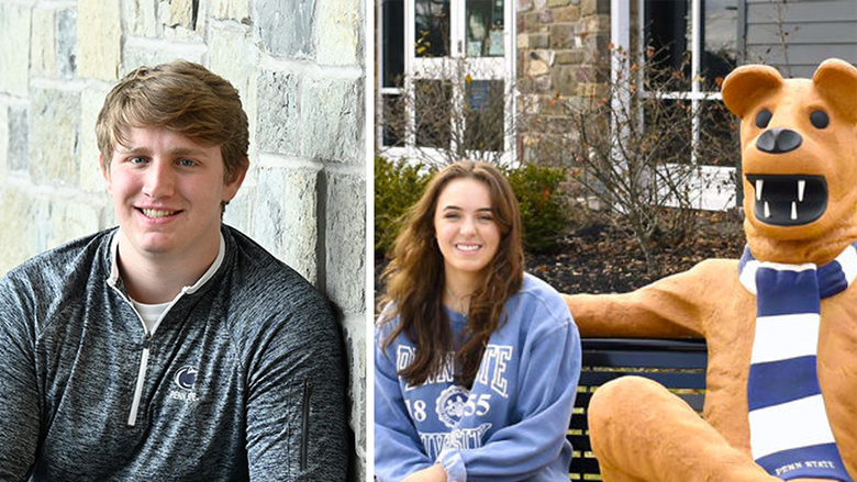 A split image of a man at left and a woman on a bench with the Nittany Lion at right