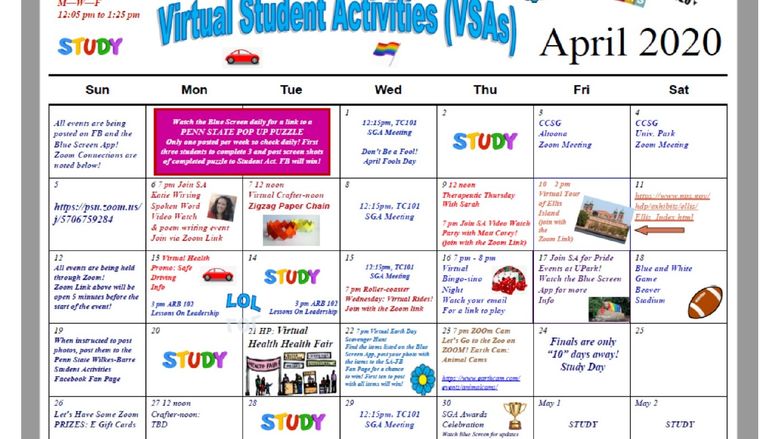 April Virtual Student Activities calendar
