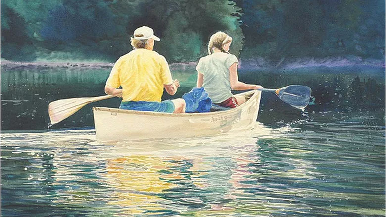 painting of two people paddling downriver in a canoe