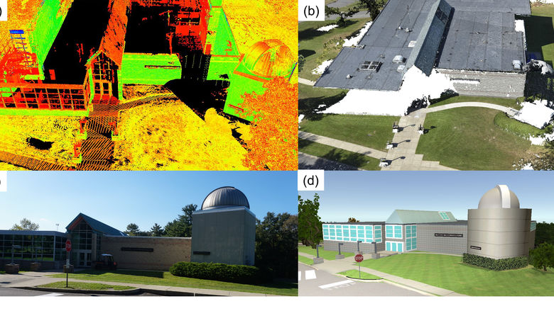 Images taken of buildings on Penn State Wilkes-Barre campus using virtual reality technology developed in the surveying engineering research project.