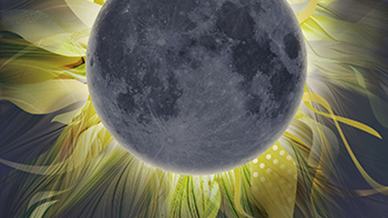Artist’s representation of a total solar eclipse, with a new moon in the foreground and the Sun’s corona visible in the background.