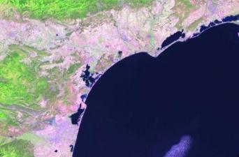 Satellite image of the western Mediterranean over Barcelona, Spain and southern France