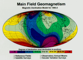 Map of the Earth's magnetic declination in 1995