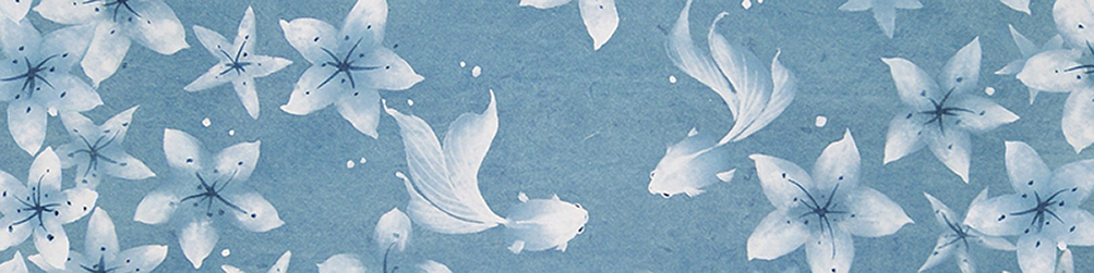artwork by Tae Hee Kim - looking down from above, a light blue background with pale blue koi fish and lilies floating in the water