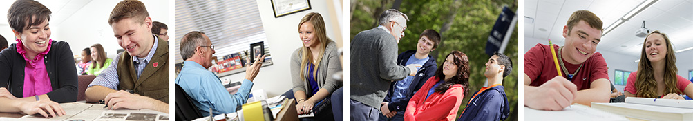 A band of photos depicting faculty and students interacting