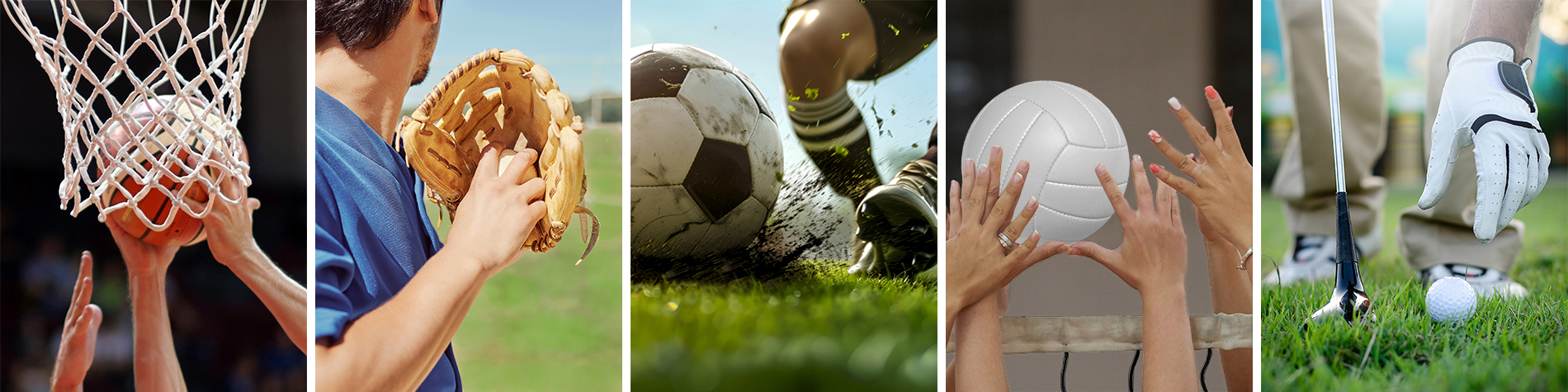 A collage of close-up action shots of basketball, baseball, soccer, volleyball, and golf