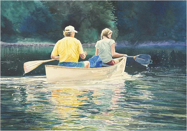 painting of two people paddling downriver in a canoe