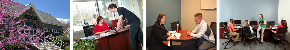 Collage of students consulting and working in the campus Career Services office