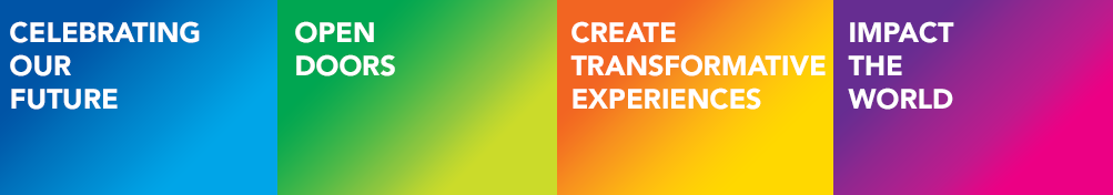 Four squares of different colors, with four blocks of text: "Celebrating Our Future"; "Open Doors"; "Create Transformative Experiences"; and "Impact the World".