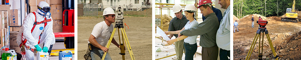 a man in a hazmat suit, a surveyor, men and women looking at a floor plan, and a construction site