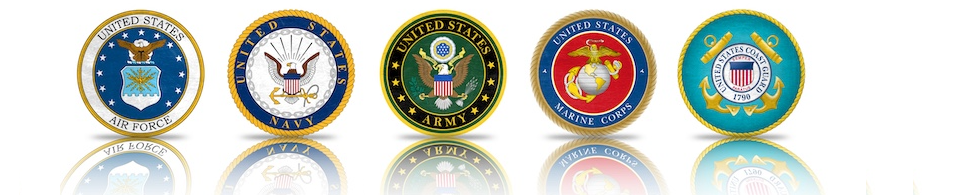 Emblems of the U.S. military branches: Air Force, Navy, Army, Marine Corps, Coast Guard