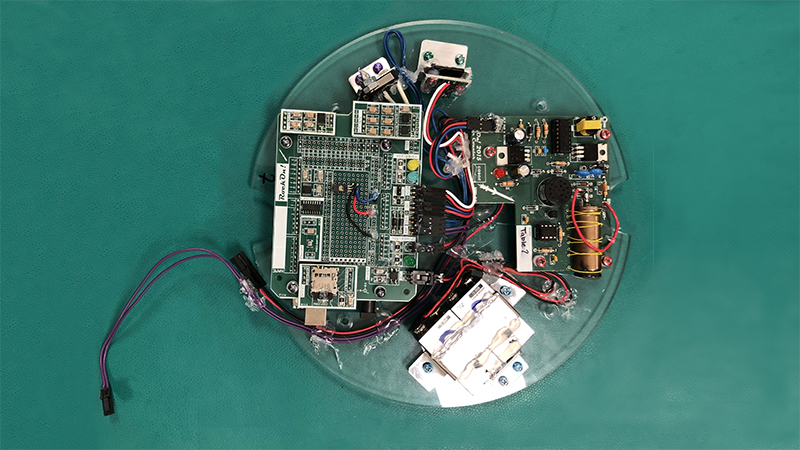 Closeup of the payload, including sensors and a circuit board