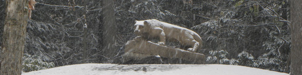 Nittany Lion statue in a show storm