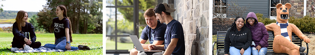 A collage of three images: 2 female students sitting on a blanket in the grass; two male students in the foyer of the Academic Commons looking at a laptop; and two female students posing for a photo on the Nittany Lion bench