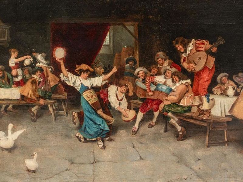 A painting of a dancing party in a 19th-century tavern.