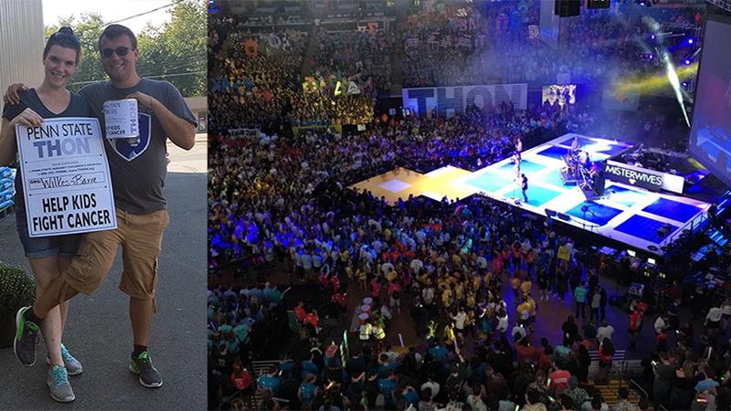 Penn State Wilkes-Barre THON dancers and an elevated view of last year's crowded THON dance floor