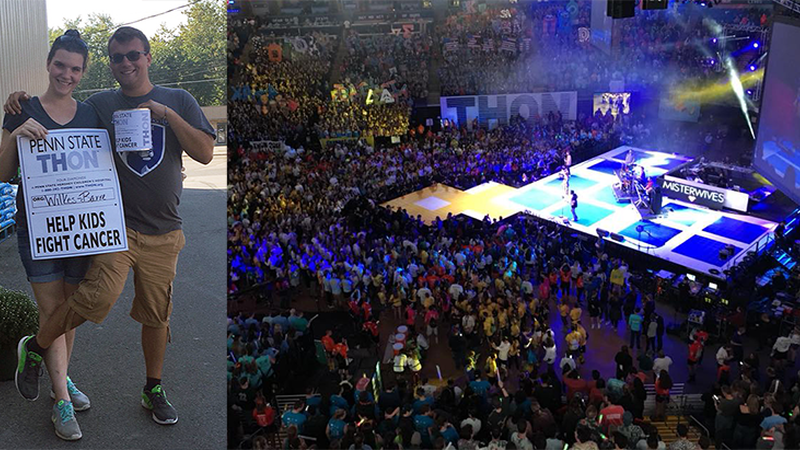 Penn State Wilkes-Barre THON dancers and an elevated view of last year's crowded THON dance floor Penn State Wilkes-Barre THON dancers and an elevated view of last year's crowded THON dance floor