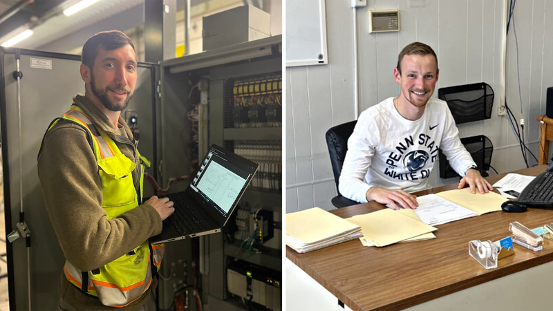 A combined image. Left, a man holding a computer working at an electrical panel. Right, a man sitting at a desk.