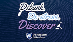 Dark blue and purple graphic that reads Debunk, De-Stress, Discover
