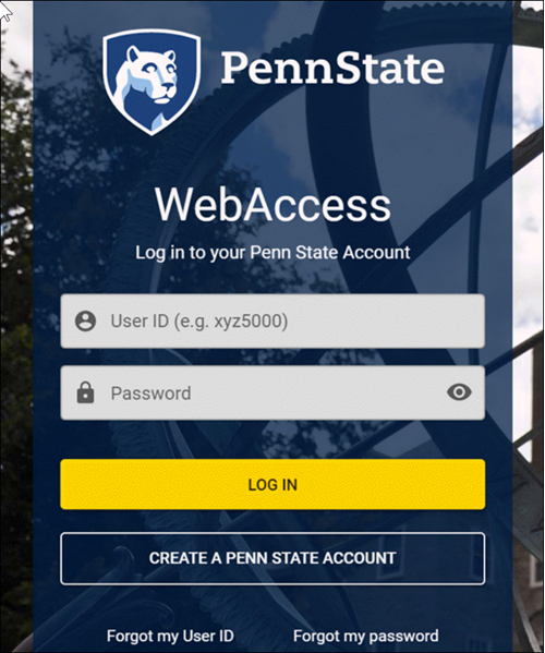 WebAccess Dialog Box for logging into Penn State online resources