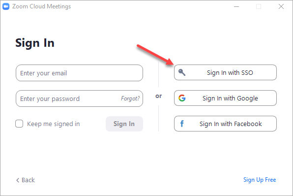 The Zoom "Sign In" dialog box with the "Sign In with SSO" button on the right-hand side
