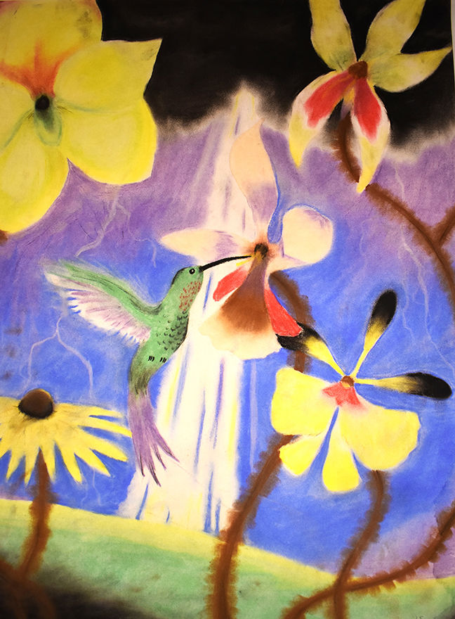 A painting of a hummingbird and flowers.