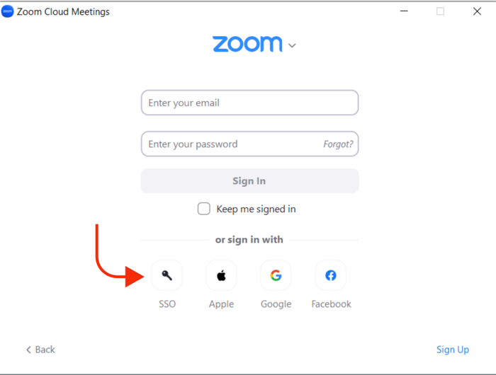 The Zoom "Sign In" dialog box with the "Sign In with SSO" button down below
