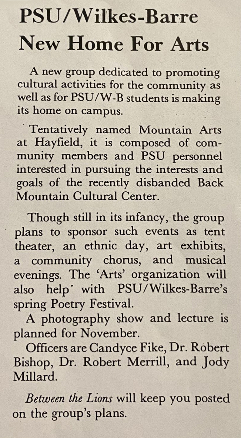 A 1984 alumni newsletter clipping about the founding of Arts at Hayfield.