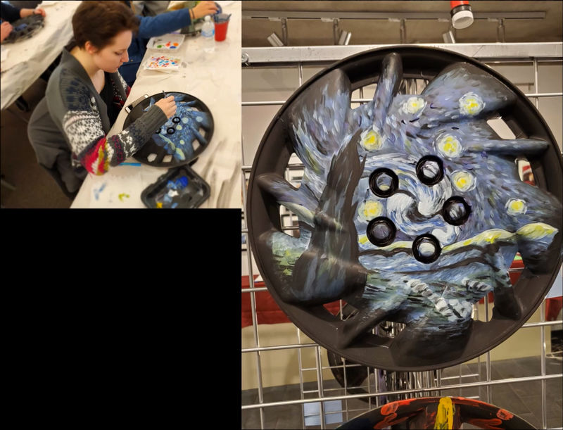 Recycled hubcap art: van Gogh's Starry Night