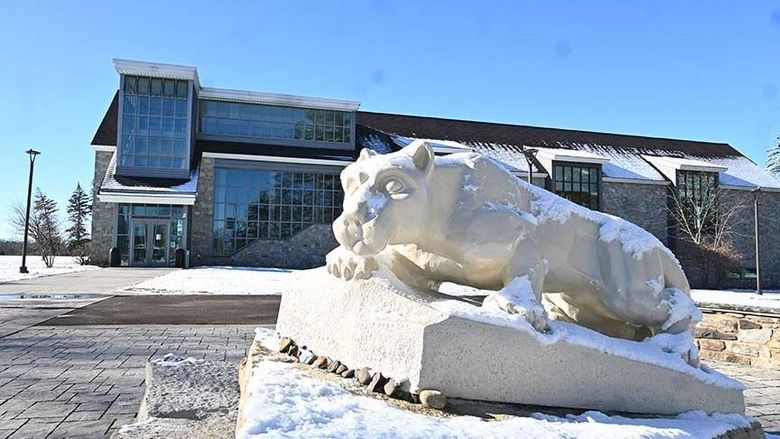The Nittany Lion shrine at Penn State Wilkes-Barre surrounded by snow