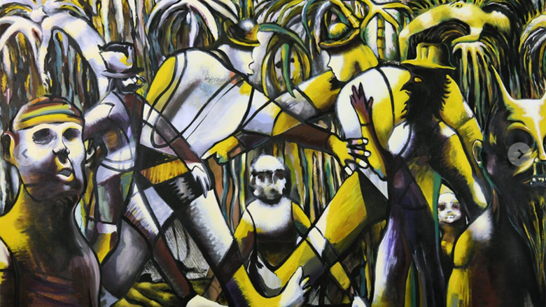 A painting with figures depicted in shades of yellow, green and white.