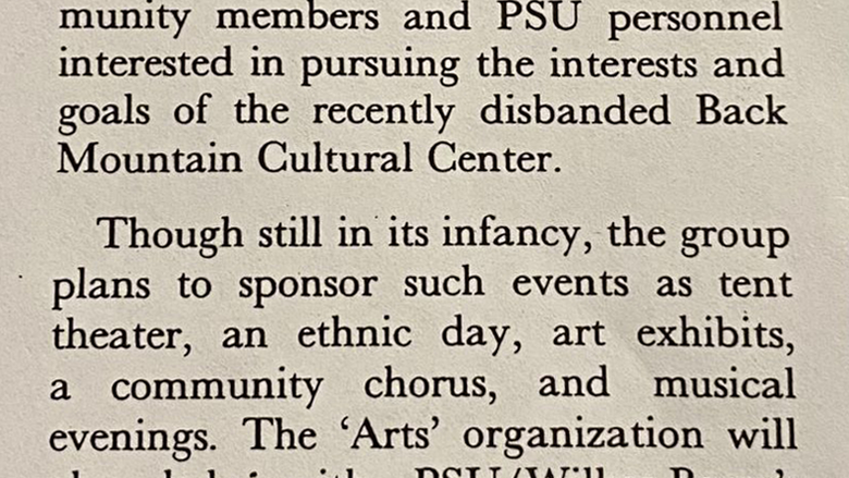A 1984 alumni newsletter clipping about the founding of Arts at Hayfield.