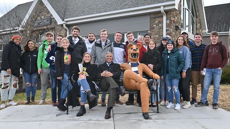 Students and Dr. Jones at the Nittany Lion bench reveal.