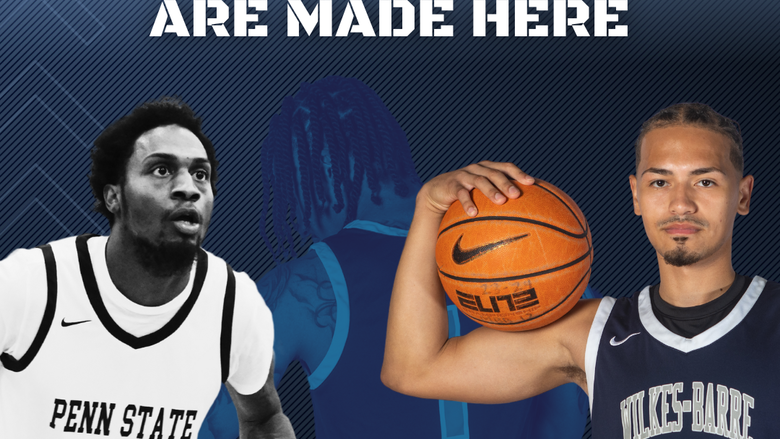 Two players in jerseys, one holding a basketball, with the text "Champions are made here" and the Penn State Wilkes-Barre logo