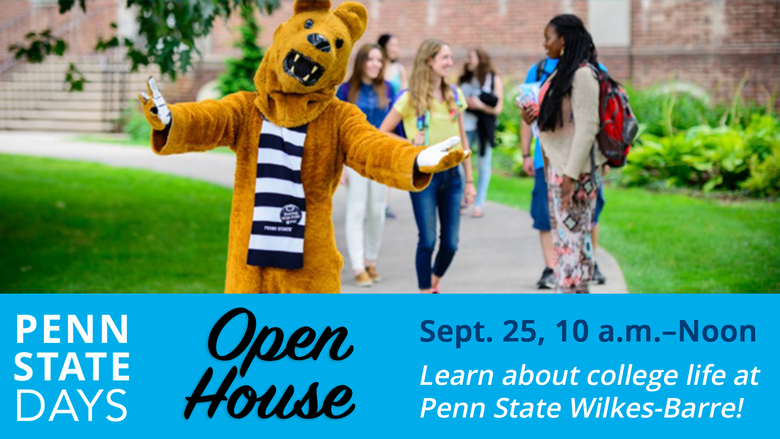 The Penn State mascot, the Nittany Lion, gesturing with open arms in a welcoming manner