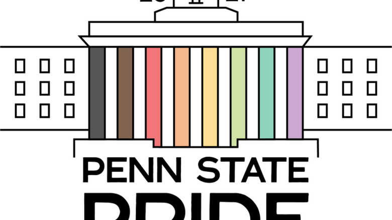 Campus Pride Month logo - Old Main with colors on columns