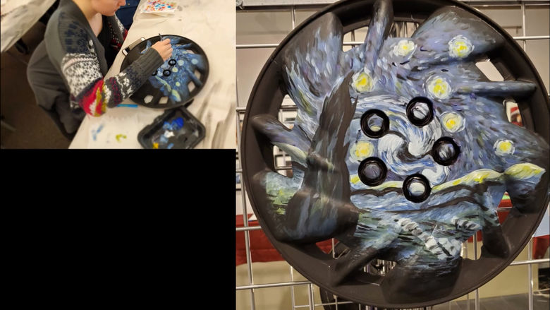 Recycled hubcap art: van Gogh's Starry Night