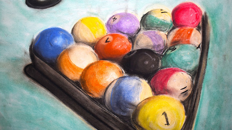 A painting of billiard balls in a rack.
