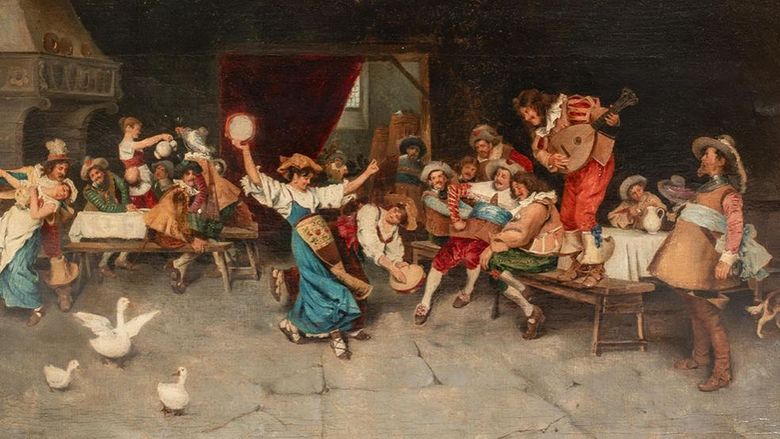 A painting of a dancing party in a 19th-century tavern.