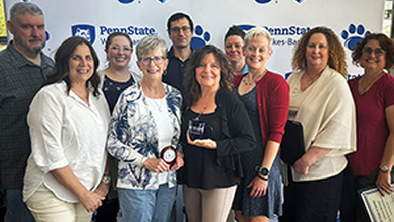 2024 award recipients at the Faculty Staff Awards ceremony. Faculty and staff who were honored were, from left: Christopher Burke, Karen Gallia, Auraleah Grega, Patricia Arcangeli, Dimitrios Bolkas, Gina Miale, Leslie Livingstone, Erin Brennan, Jane Ashton and Christyne Berzsenyi.