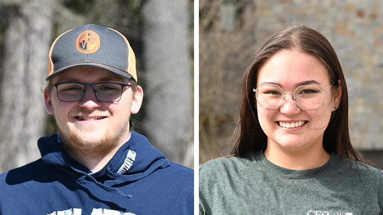 A split image of a man in a baseball gap at left and a woman in glasses at right.