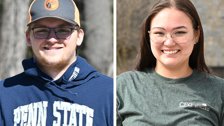 A split image of a man in a baseball gap at left and a woman in glasses at right.