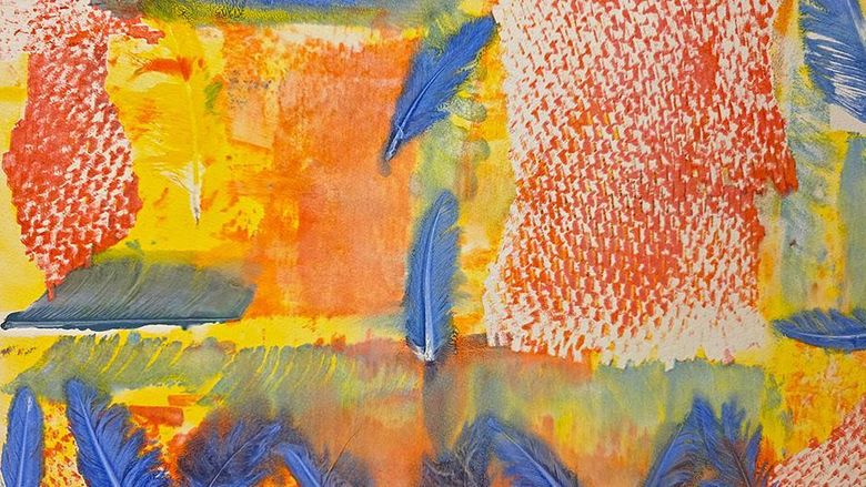 An image of a piece of artwork featuring orange, red, yellow, green and blue tones.