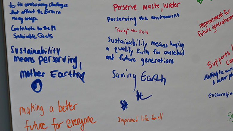 A large poster pad with text written by students about what sustainability means to them.