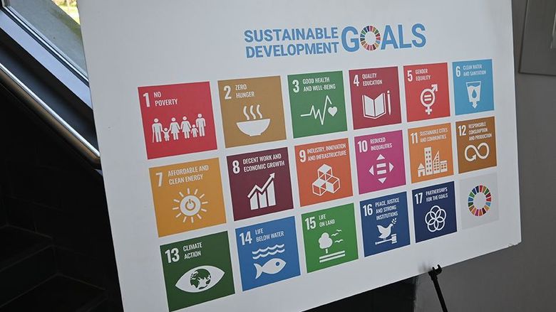 A posterboard with colorful squares, each depicting one of the United Nations' Sustainable Development Goals.