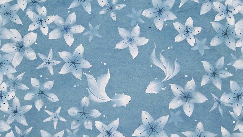 A painting of blue flowers on a blue background
