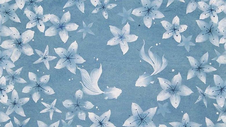 A painting of blue flowers on a blue background