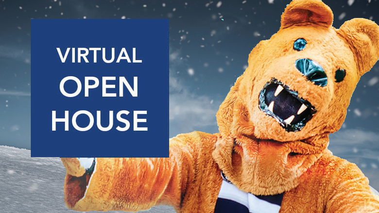 Nittany Lion mascot pointing to a sign saying "virtual winter open house"